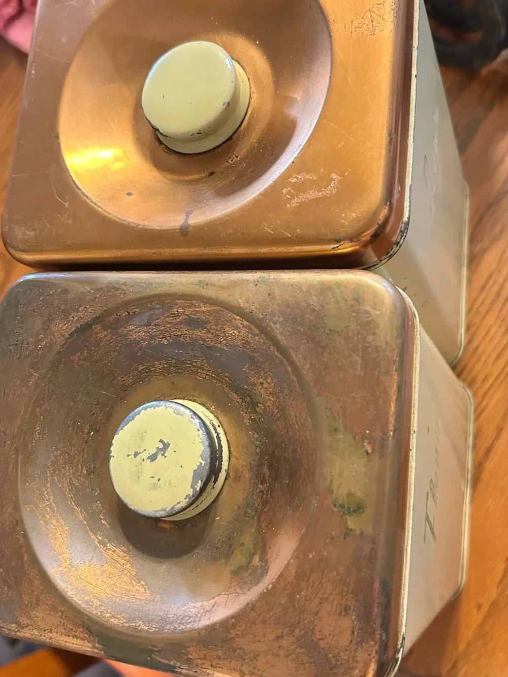 Vintage Flour & Sugar Metal Canisters - Pale Yellow with Copper Lids